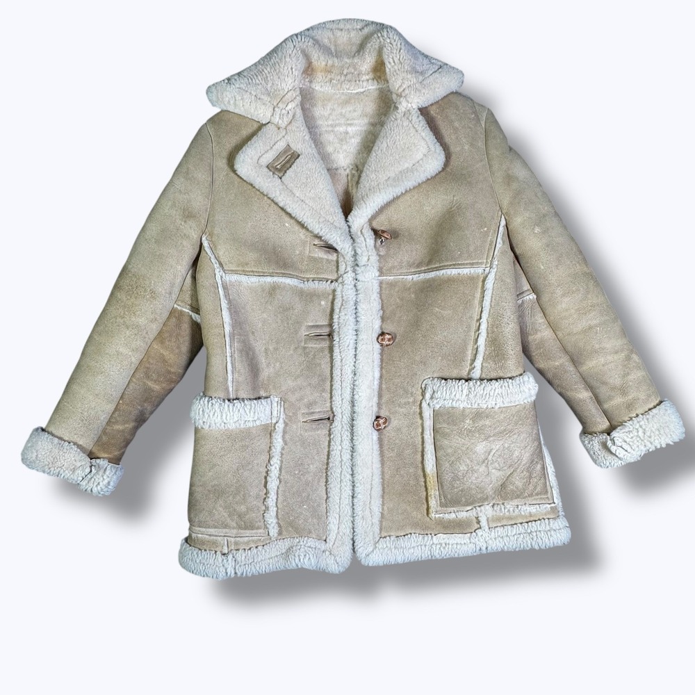Vtg 70s SCHOTT‎ NYC Sheepskin Coat Tan USA Made Size 10 Western Boho Winter Fur